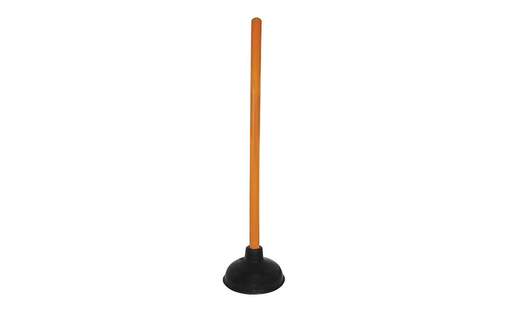 A cup sink plunger with a reddish handle and a black rubber cup.