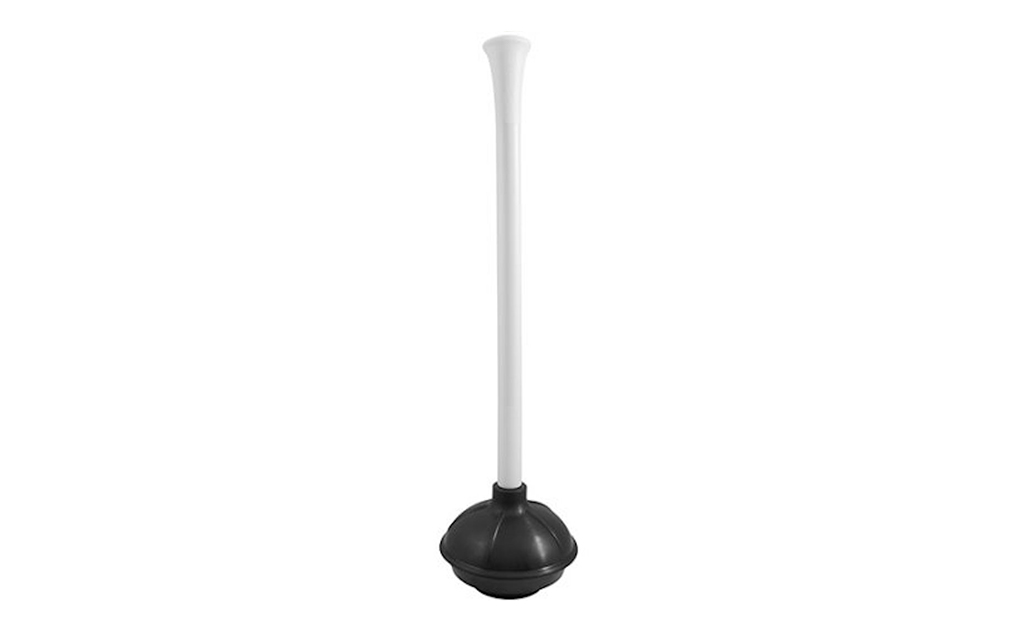 A tiered toilet plunger with a white handle and a black rubber cup.