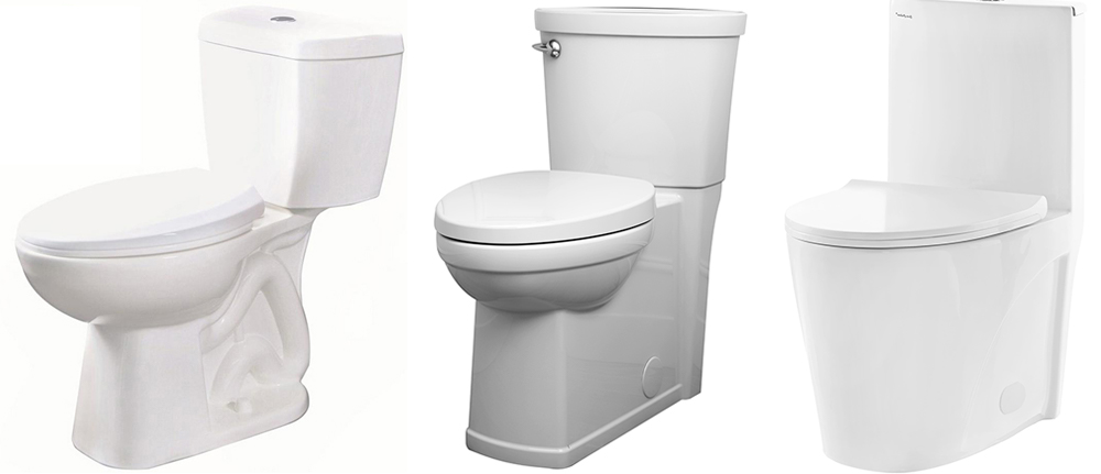 Profiles of toilet bases show a visible trap, a concealed trap and a skirted toilet.