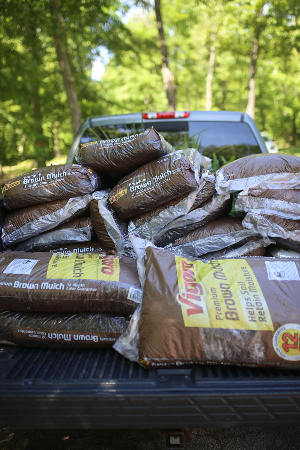A truck bed filled with bags of Vigoro brown mulch.