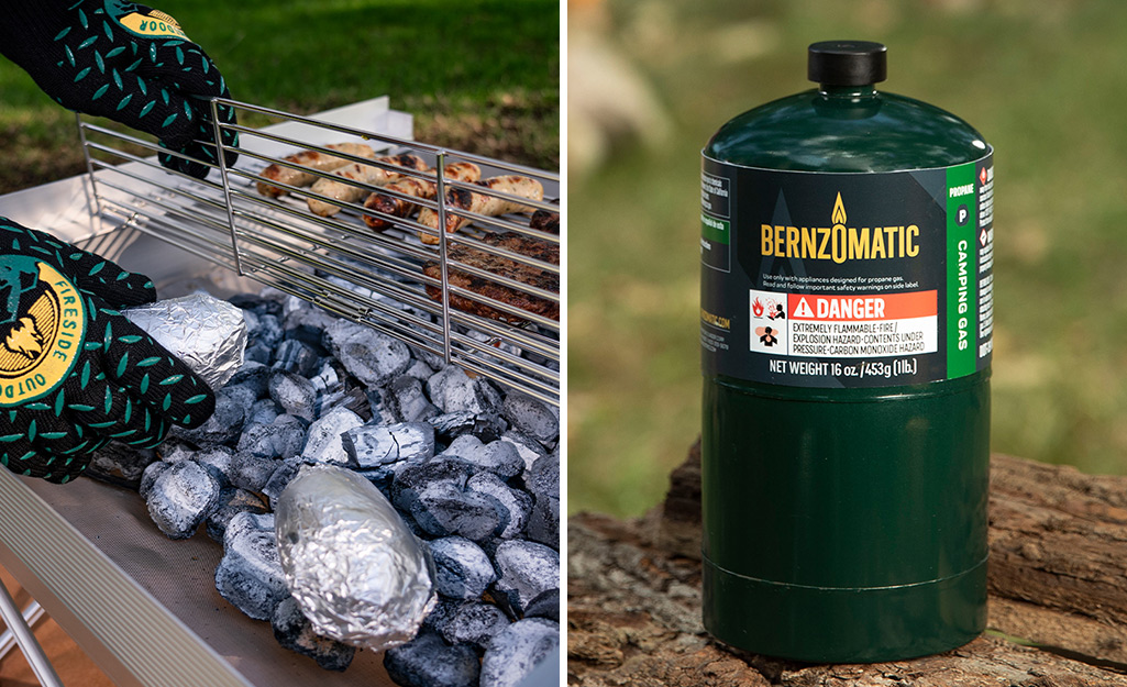 A portable grill with charcoal and a can of propane fuel. A portable grill with charcoal and a can of propane fuel.