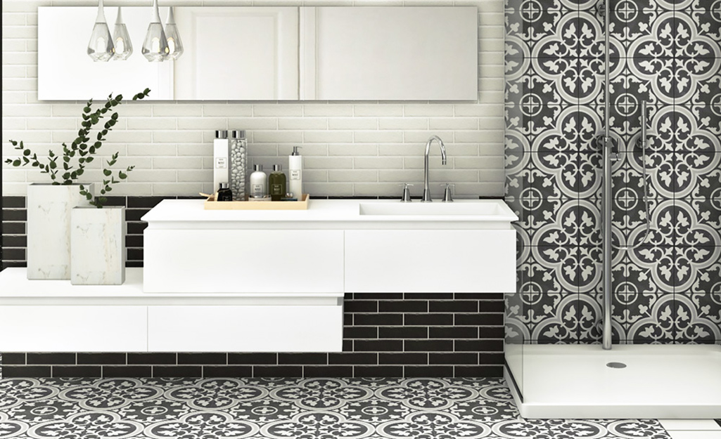 A bathroom with a combination of porcelain tile and ceramic tile.