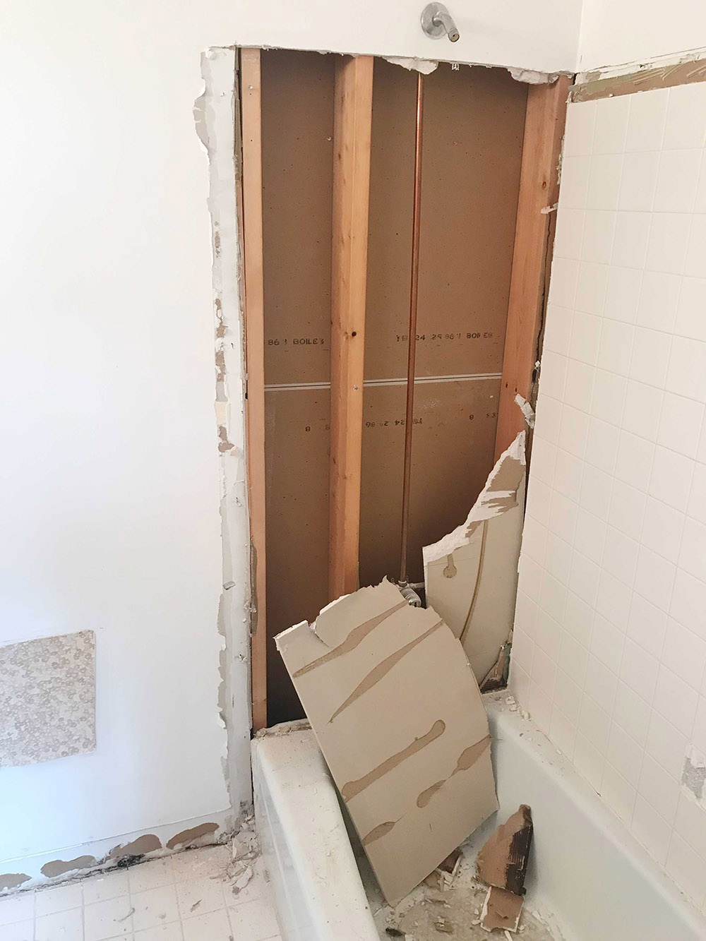A shower wall is demolished exposing pipes.
