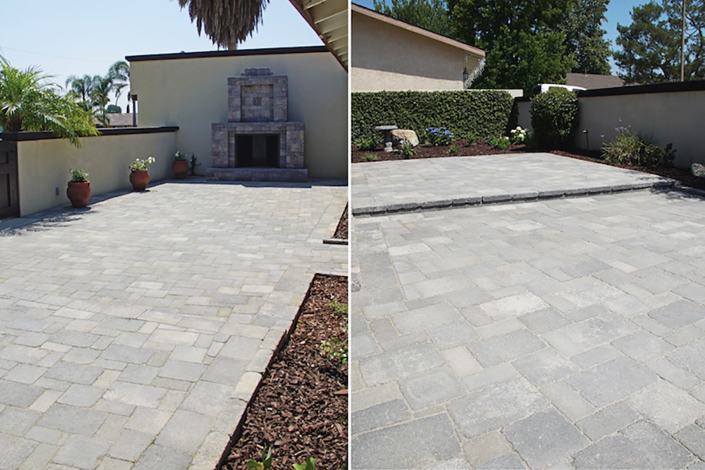 Two angles of a patio with a Rumblestone fireplace and pavers.