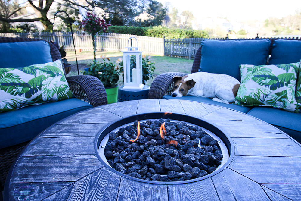 A dog watches a fire pit burning while relaxing on a patio chair. A dog watches a fire pit burning while relaxing on a patio chair.