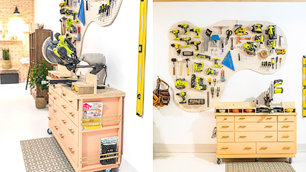 A miter saw stand below a pegboard of tools.