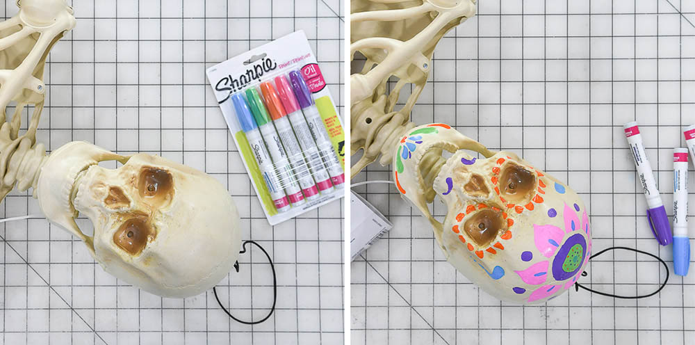 A before and after view of a skeleton decorated with Sharpie paint pens.