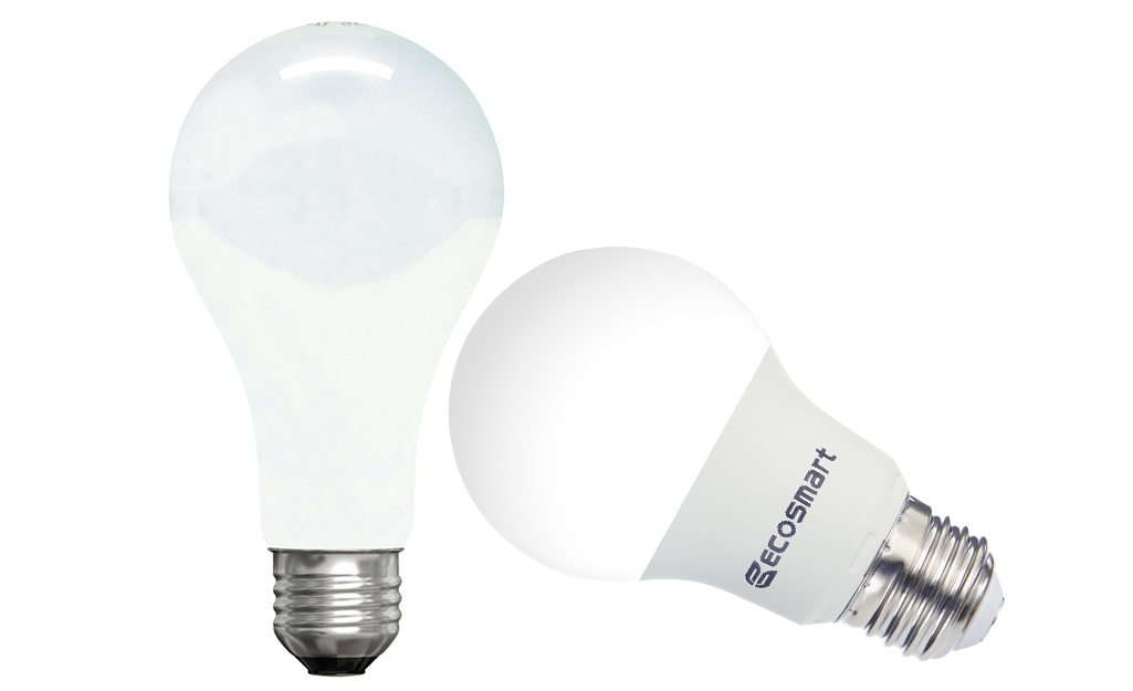 An incandescent and an LED bulb are shown on a white background.