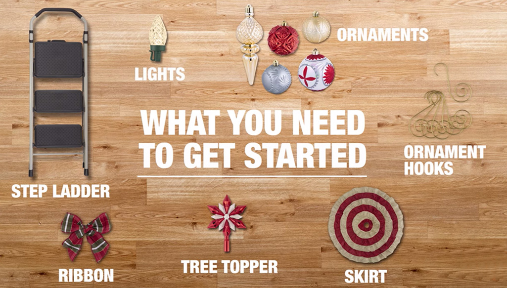 A picture of a step ladder, lights, ornaments, ribbons, ornament hooks, a tree topper and a tree skirt for decorating a Christmas tree. A picture of a step ladder, lights, ornaments, ribbons, ornament hooks, a tree topper and a tree skirt for decorating a Christmas tree.