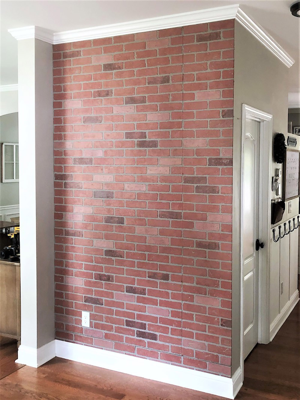 A faux brick accent wall.