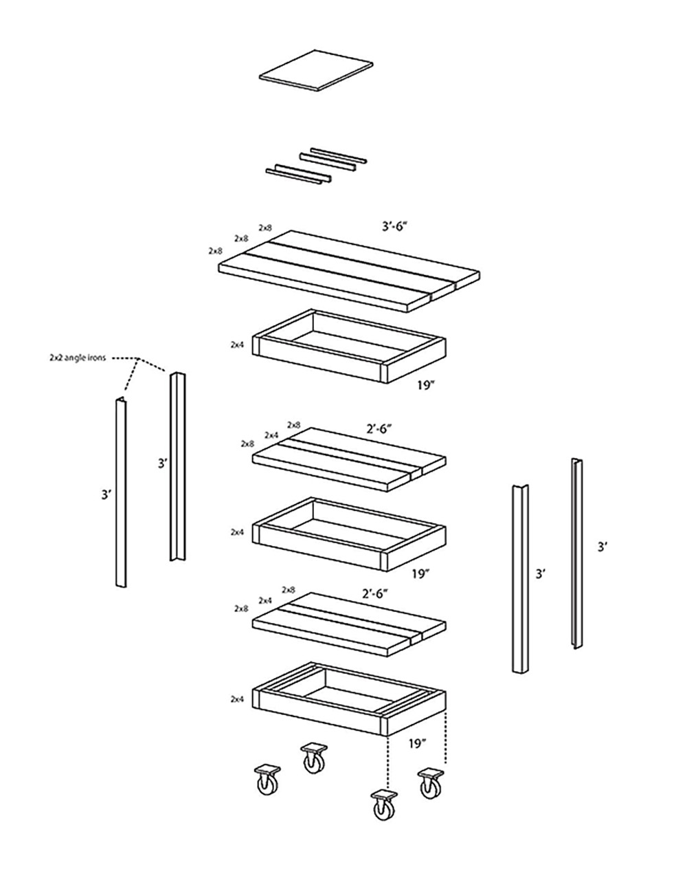 A diagram showing the measurements of the sections for a DIY grilling cart with wheels.