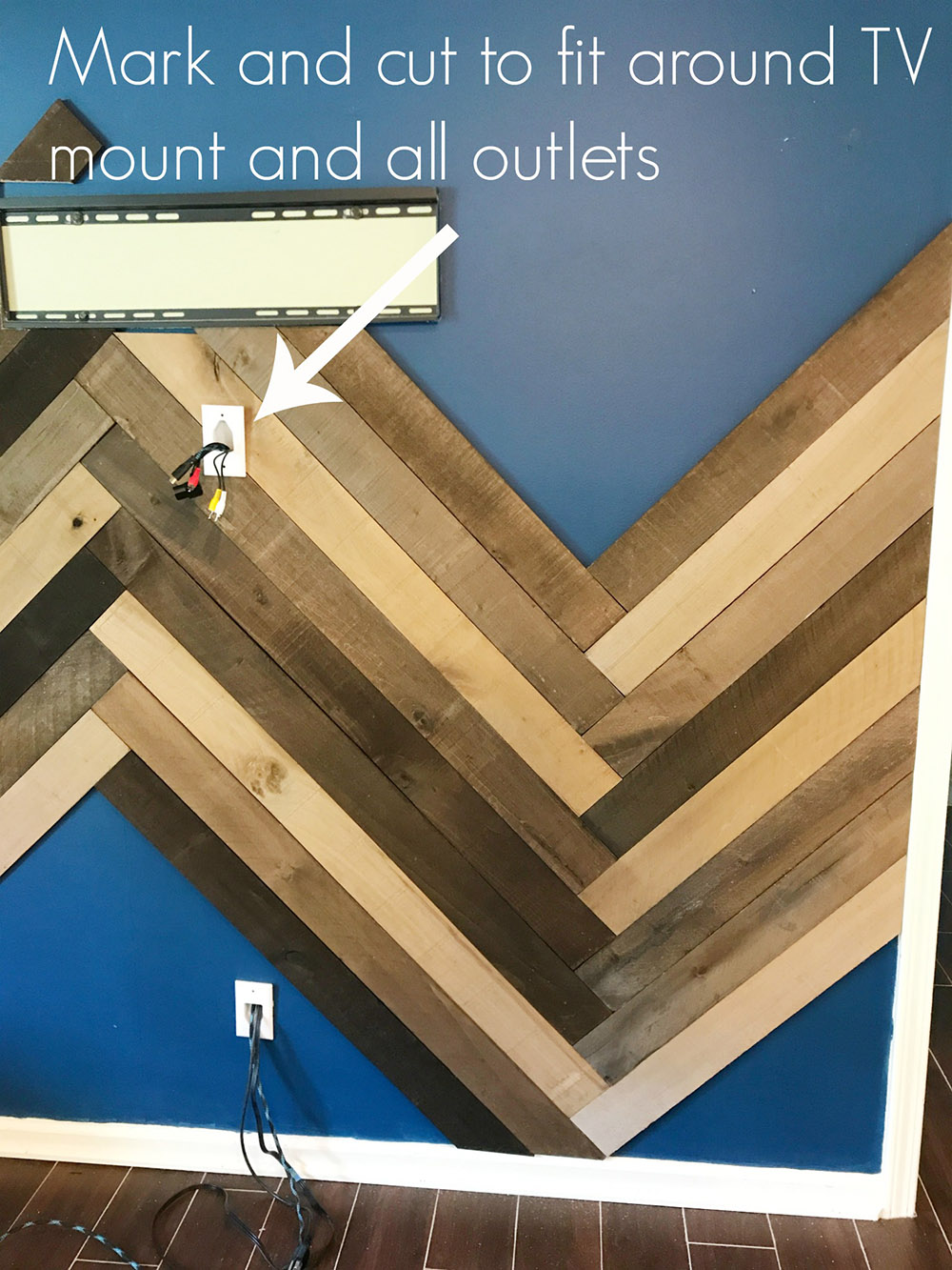 A wall with weathered wood boards cut around a TV mount and outlet. A wall with weathered wood boards cut around a TV mount and outlet.