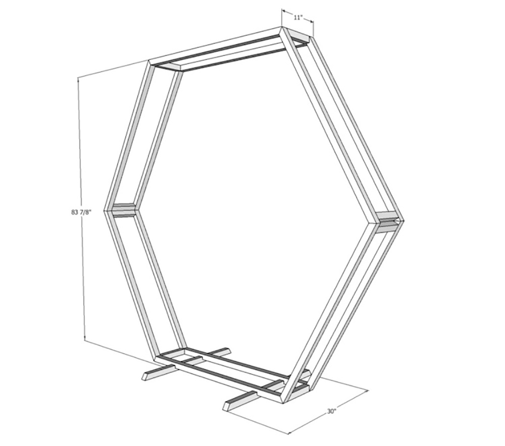 A diagram of a DIY hexagon backdrop with measurements.