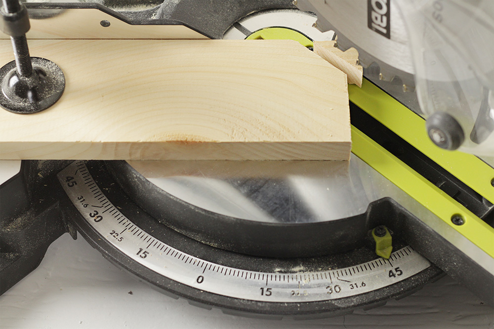 A miter saw set at 45-degrees creates a decorative detail on the legs.