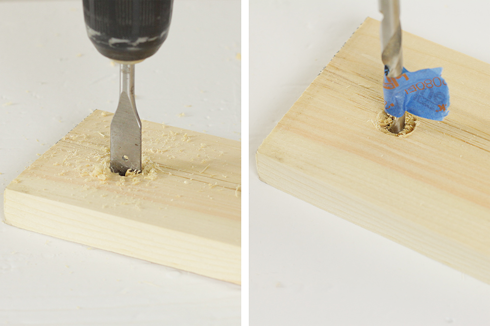 A spade bit and drill bit are used to prep the uprights.