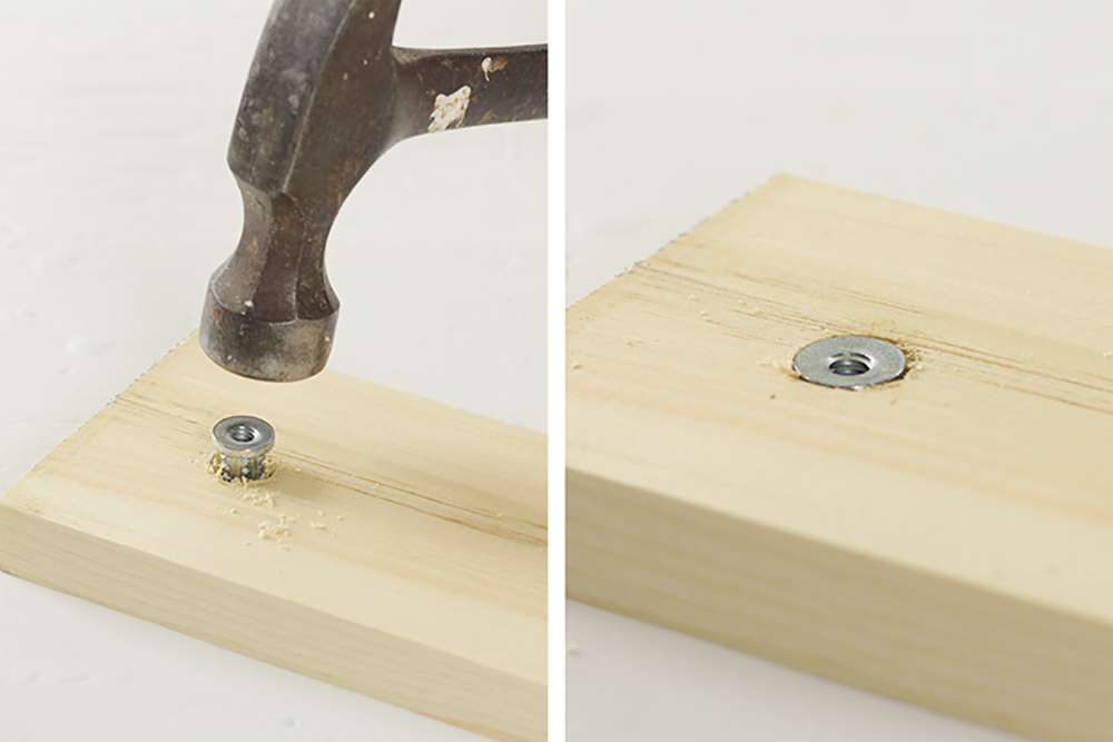 A hammer drives an insert nut into the upright.