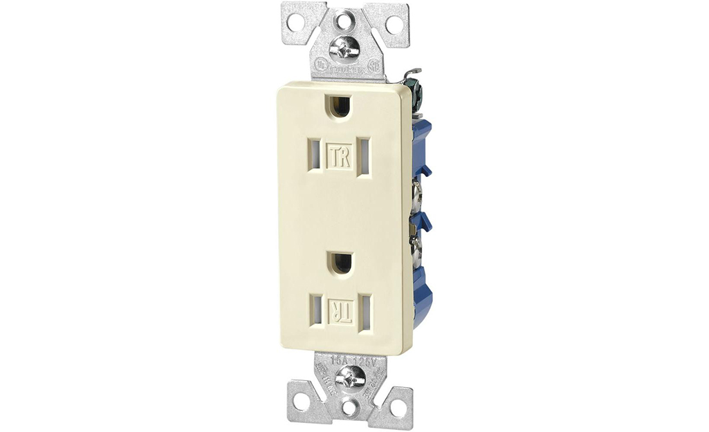 A split circuit receptacle against a white background.