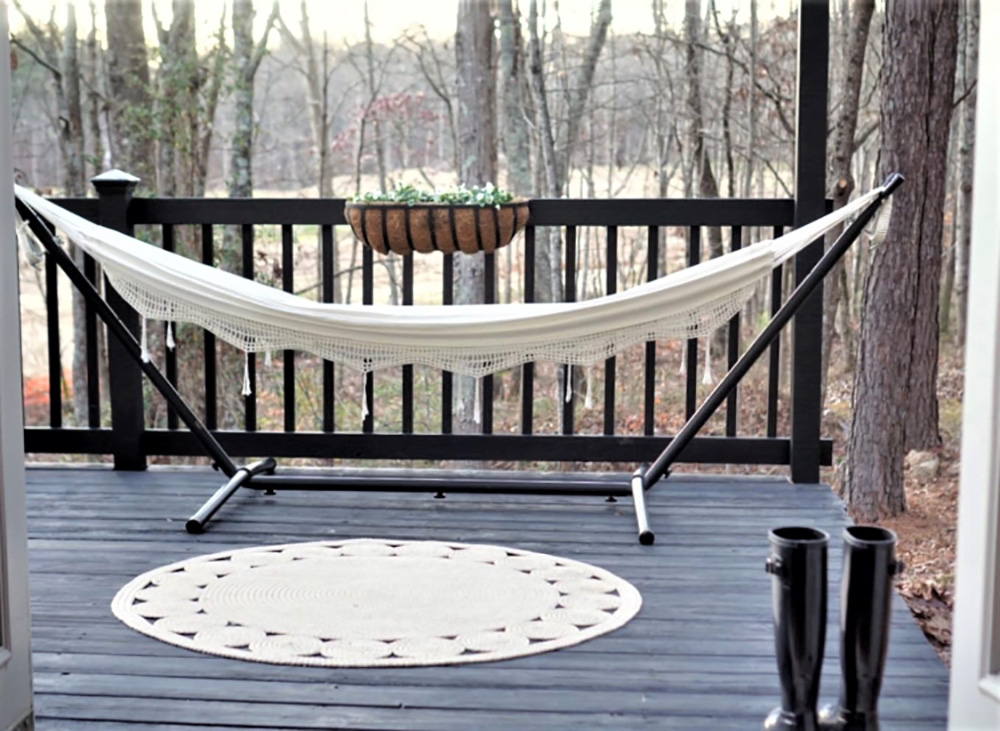 A hammock on the patio deck