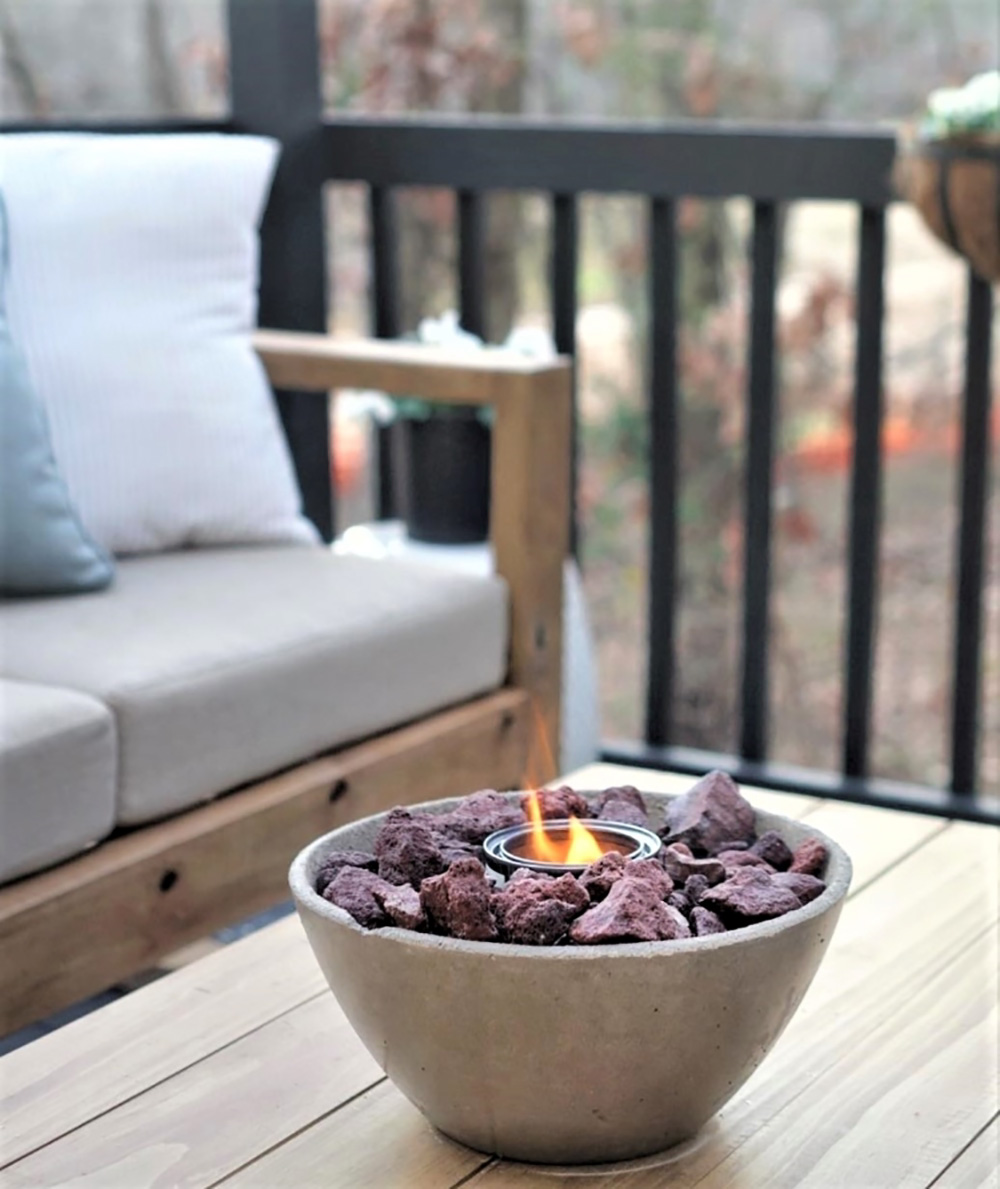 A fire bowl on a coffee table