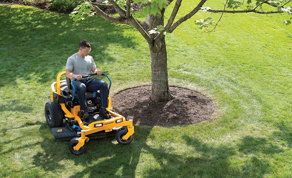 Father trimming around a tree with a riding lawnmower.