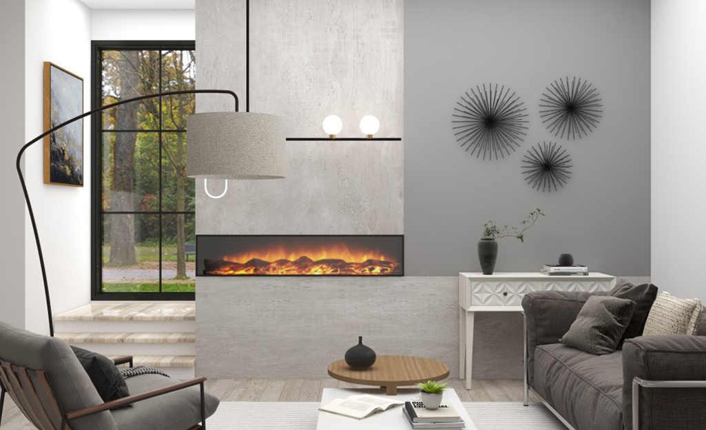 A fireplace extends to the ceiling of a contemporary living room.