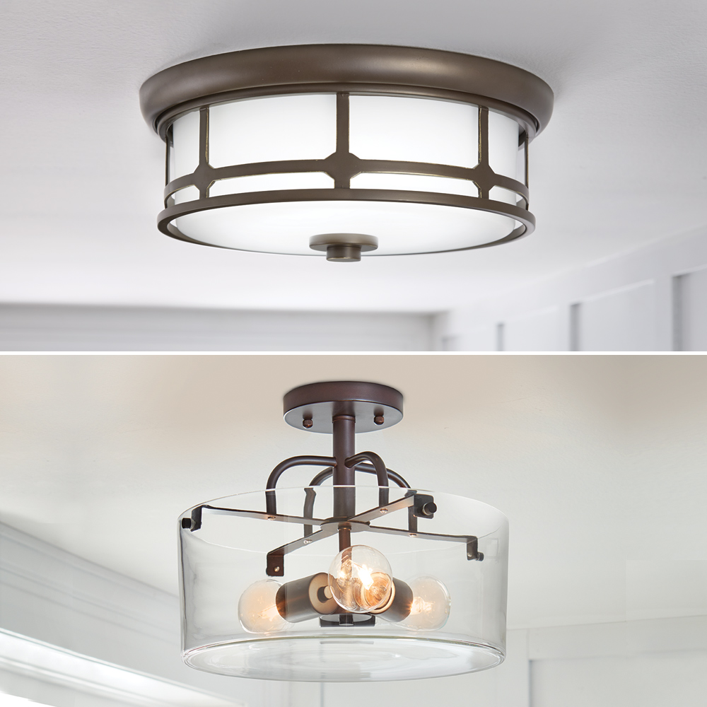 A side-by-side of flush and semi-flush mount lighting fixtures