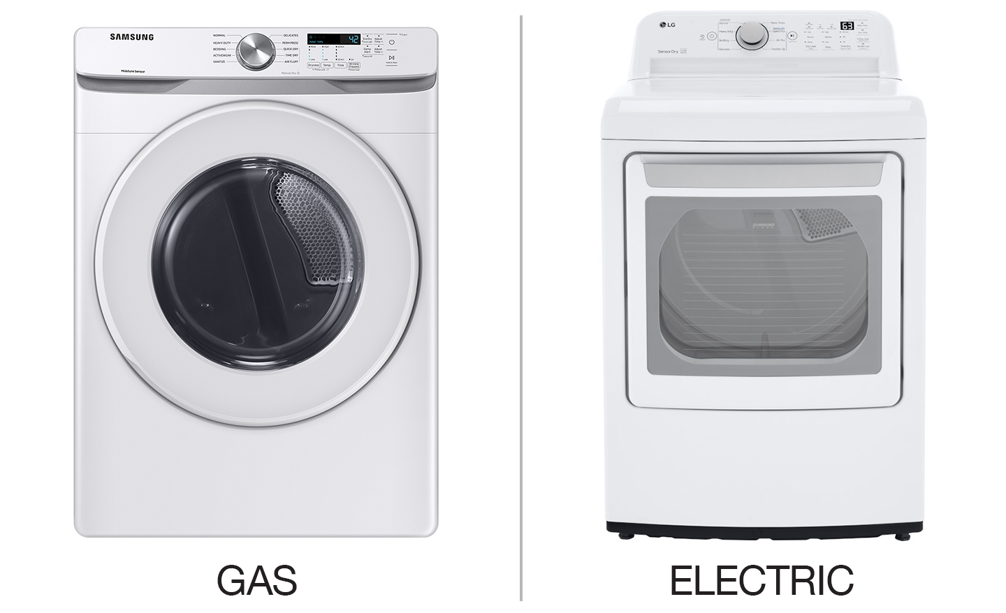 A front-load gas dryer and a front-load electric dryer sit side by side against a white background. 