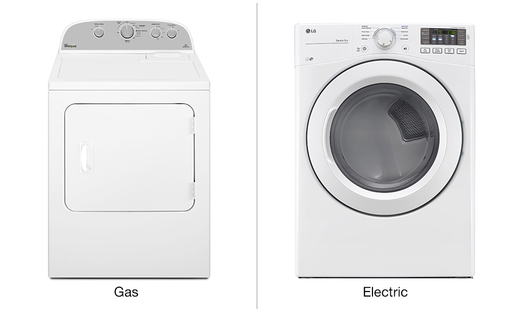 A front-load gas dryer and a front-load electric dryer sit side by side against a white background. 