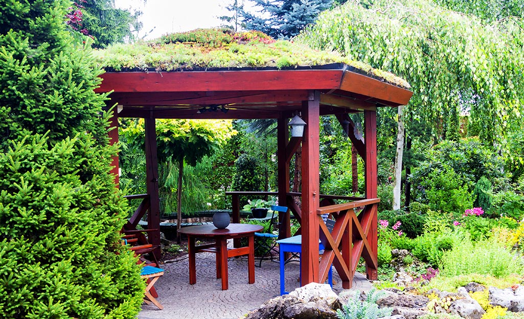 A gazebo with moss growing on its roof.