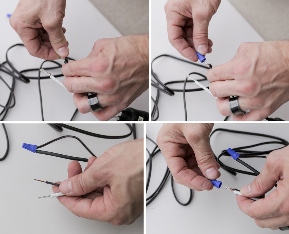 A person connecting wires from a lamp cord to the wires on a light socket. A person connecting wires from a lamp cord to the wires on a light socket.