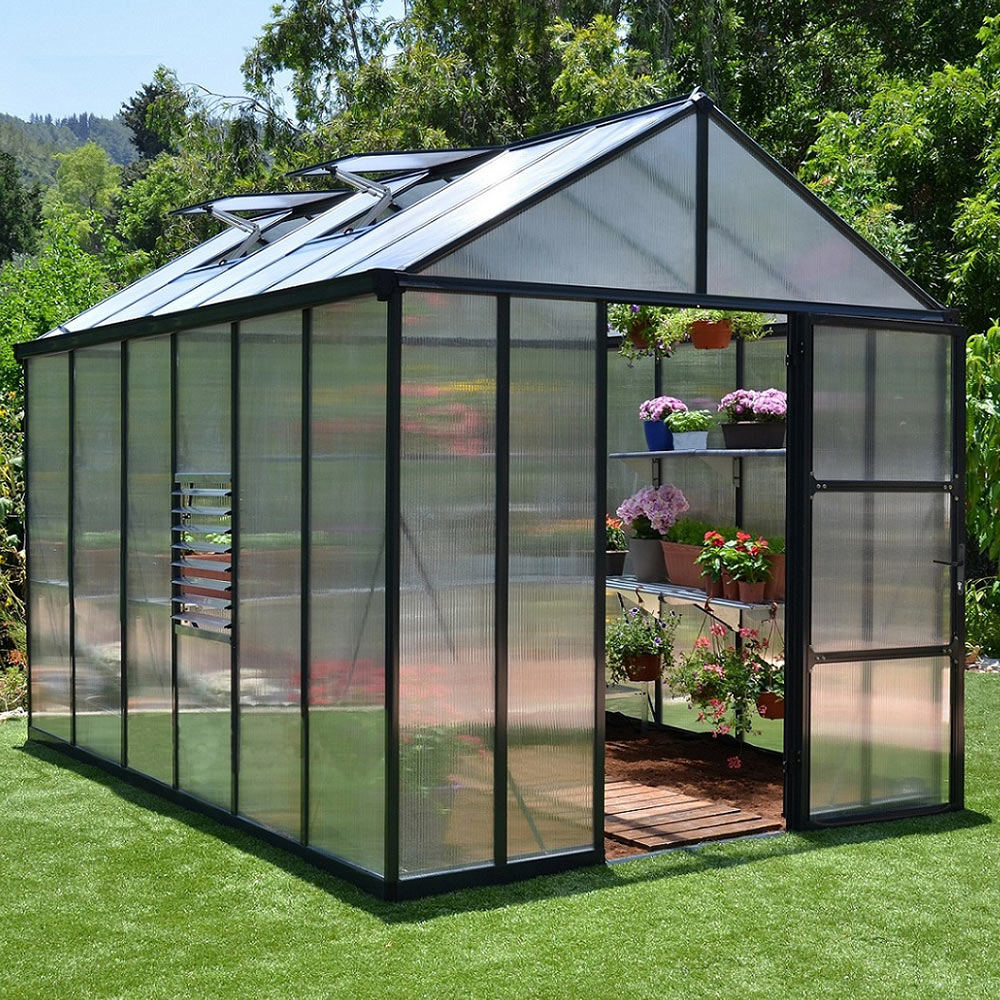 A polycarbonate sided medium sized greenhouse. 