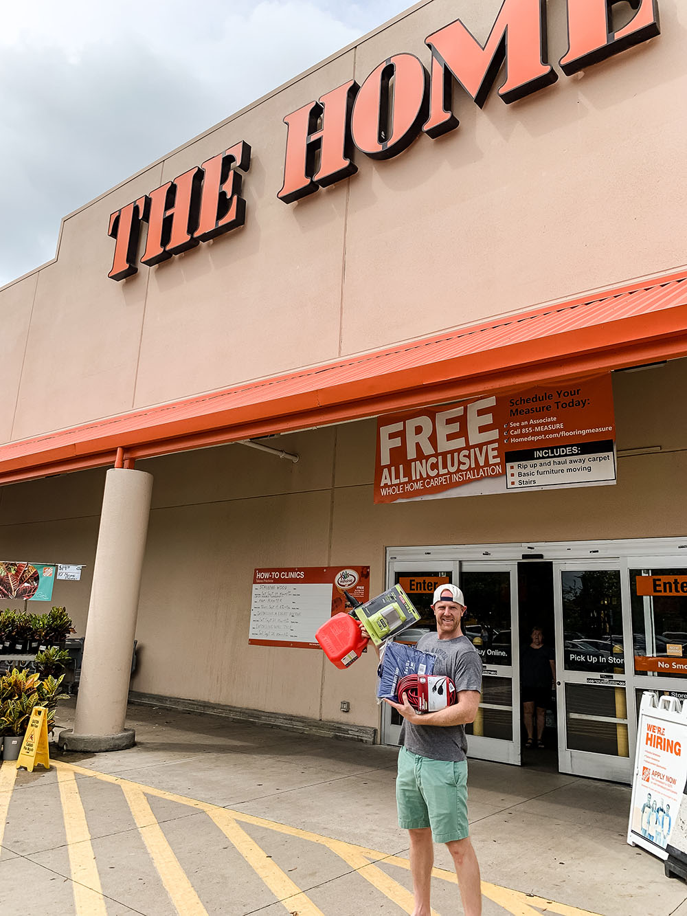 A man standing in front of The Home Depot.