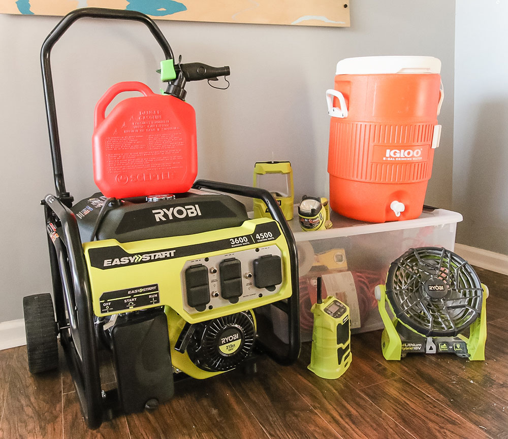 Various home hurricane prep kit items such as a generator.