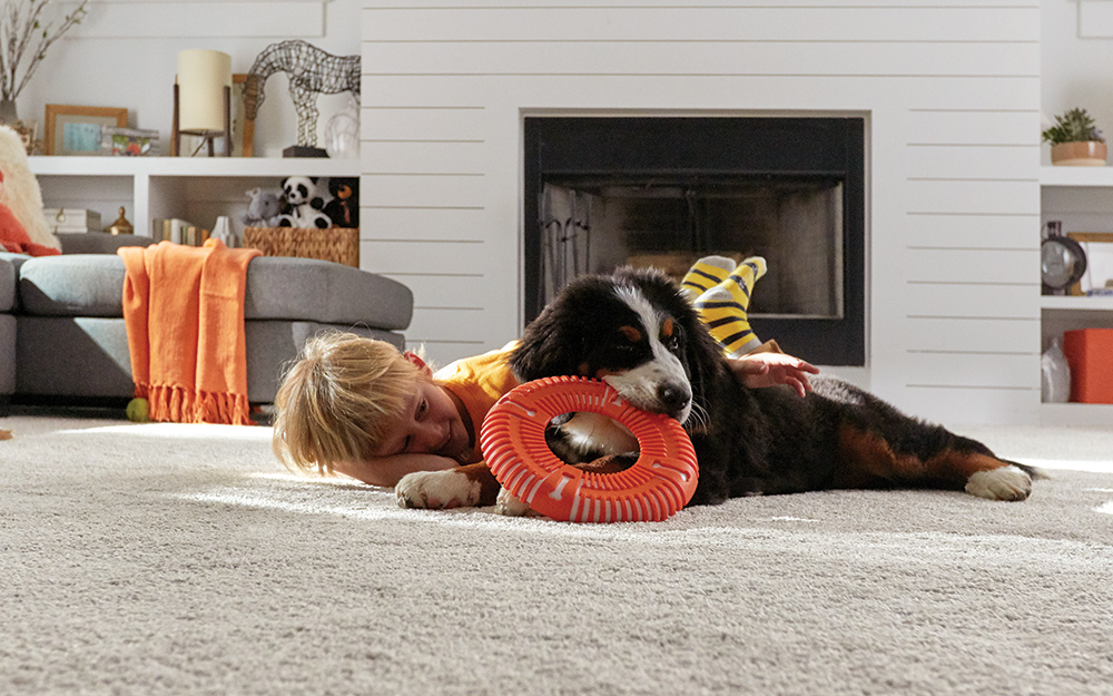 A boy and a puppy lying on a grey carpet in a living room.