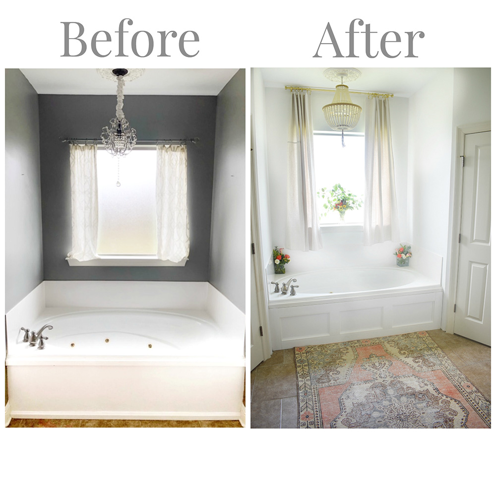 A before and after view of a bathtub area.