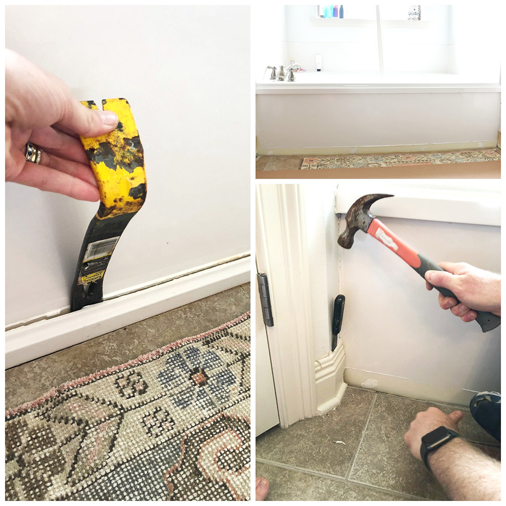 A collage of a person removing trim and moulding with a prybar, putty knife, and hammer.
