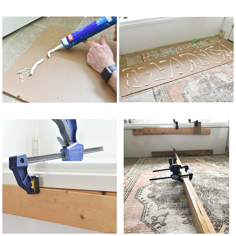 A collage of a person prepping tile board with glue, a caulk gun, and clamps.