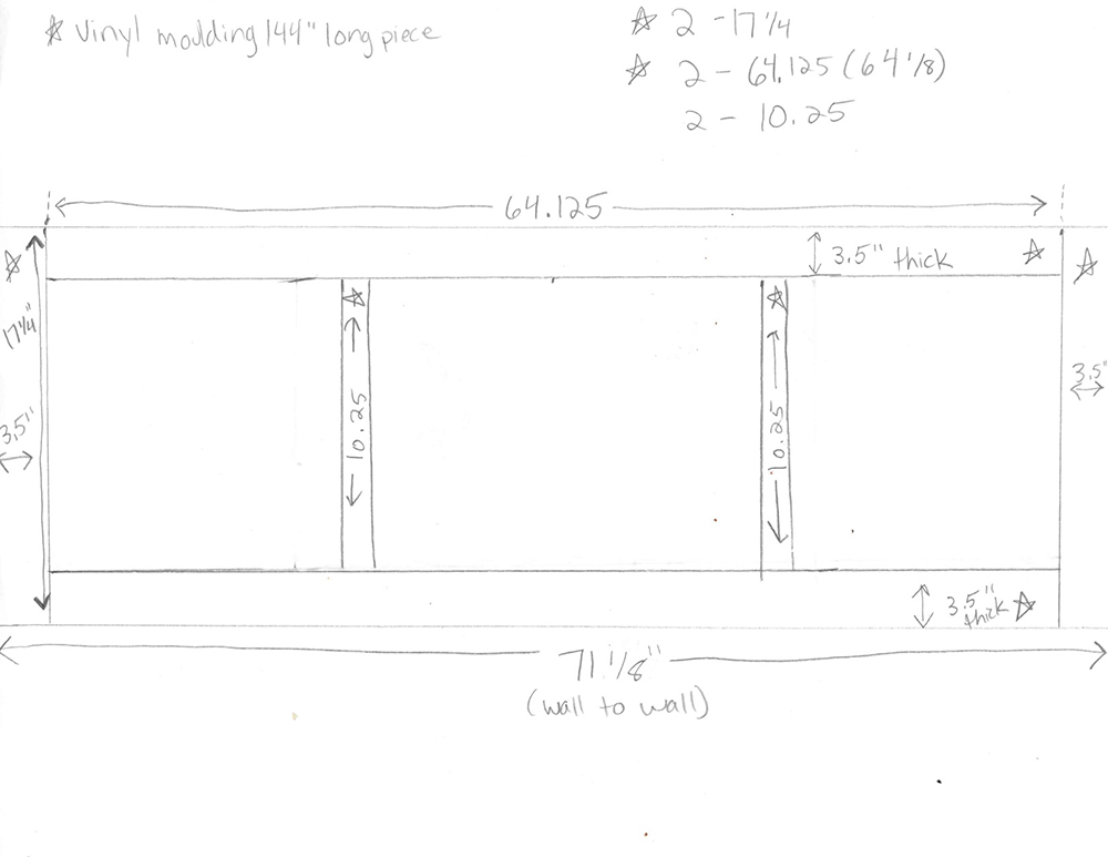 A diagram with measurements of how the finished bathtub with moulding should look.