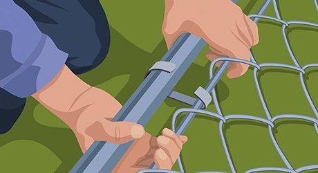 Attach second tension bar - Hanging Chain-Link Gate Attach second tension bar - Hanging Chain-Link Gate
