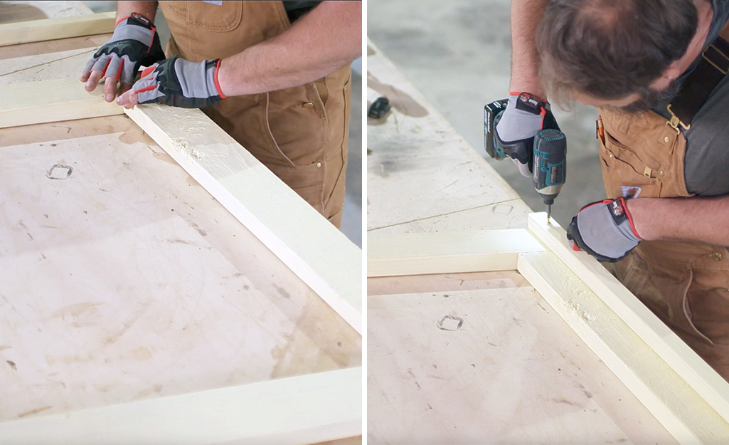 A person aligning to pieces of framing and drilling a pilot home for a connecting piece to complete the frame.