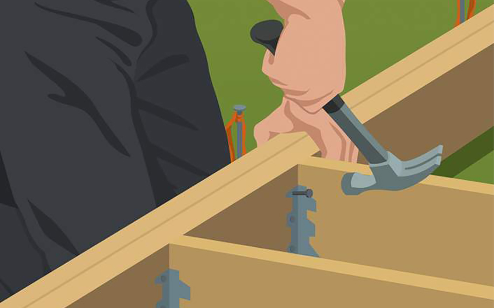 Inner joist attached to beam with hammer and nail. Inner joist attached to beam with hammer and nail.