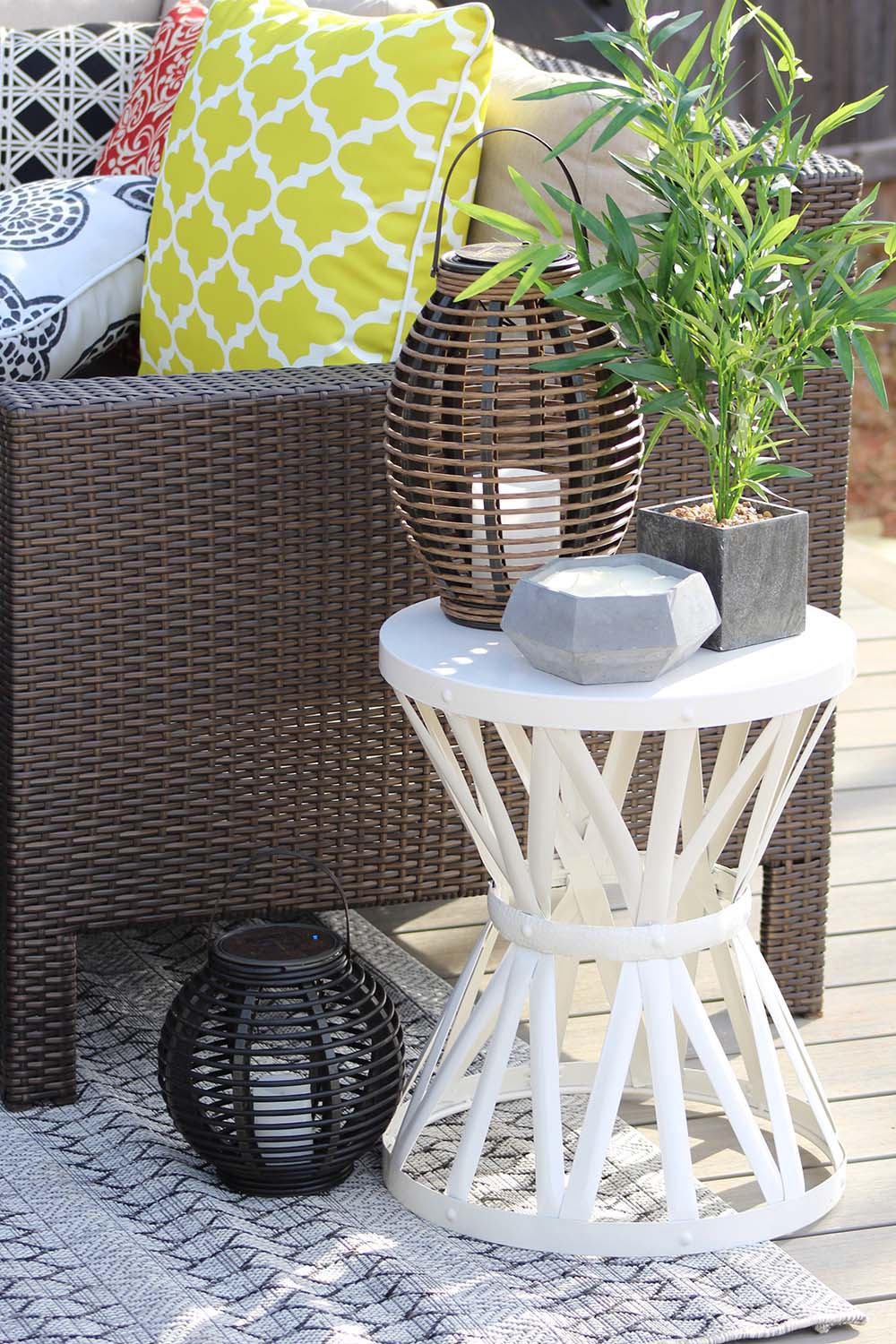 Patio furniture and outdoor decor on floating deck