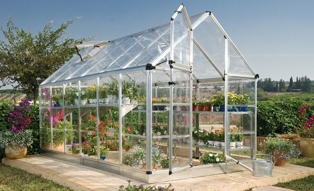 Flowering plants fill the shelves of a backyard greenhouse with a clear roof and walls sitting on a stone foundation. 