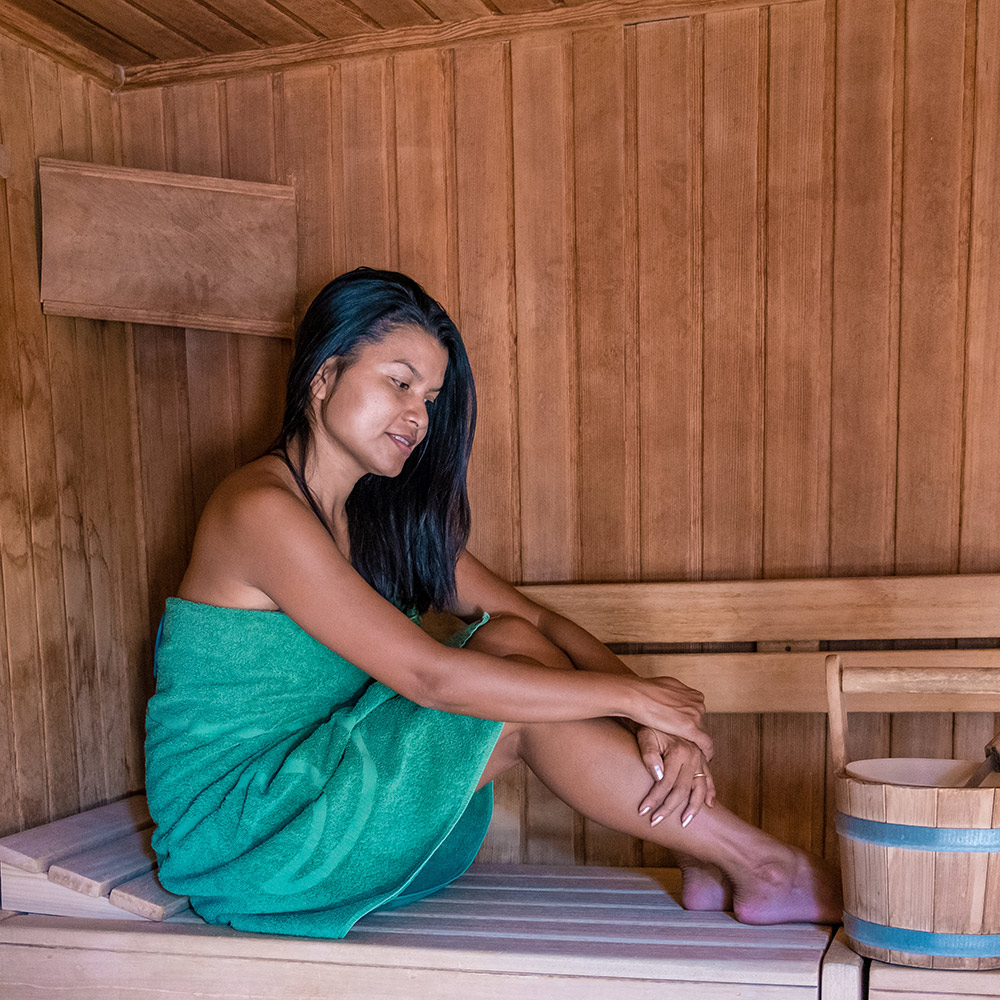 A woman in a sauna.