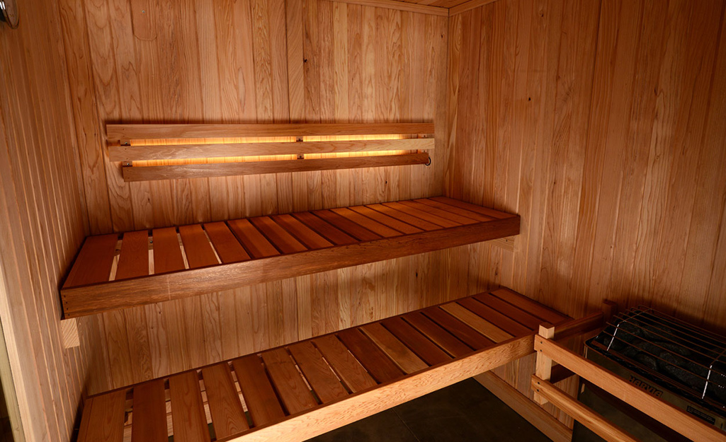 The inside of a wooden sauna.