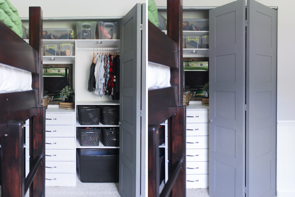 Open closet doors showing closet organizer