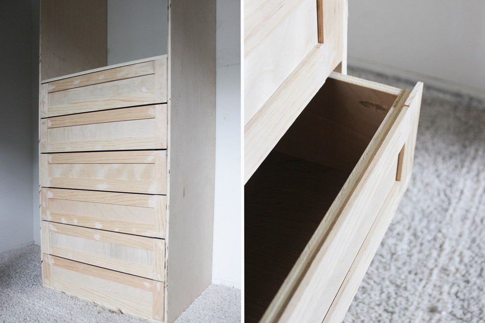 Wooden closet organizer with open drawer 