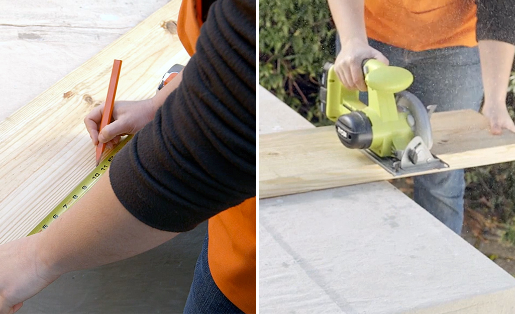 DIY-er measuring and cutting wood.