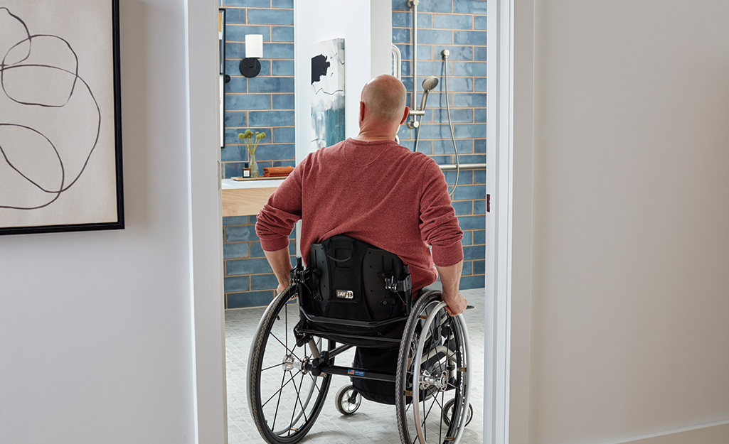 Viewing the accessible bathroom through a doorway.
