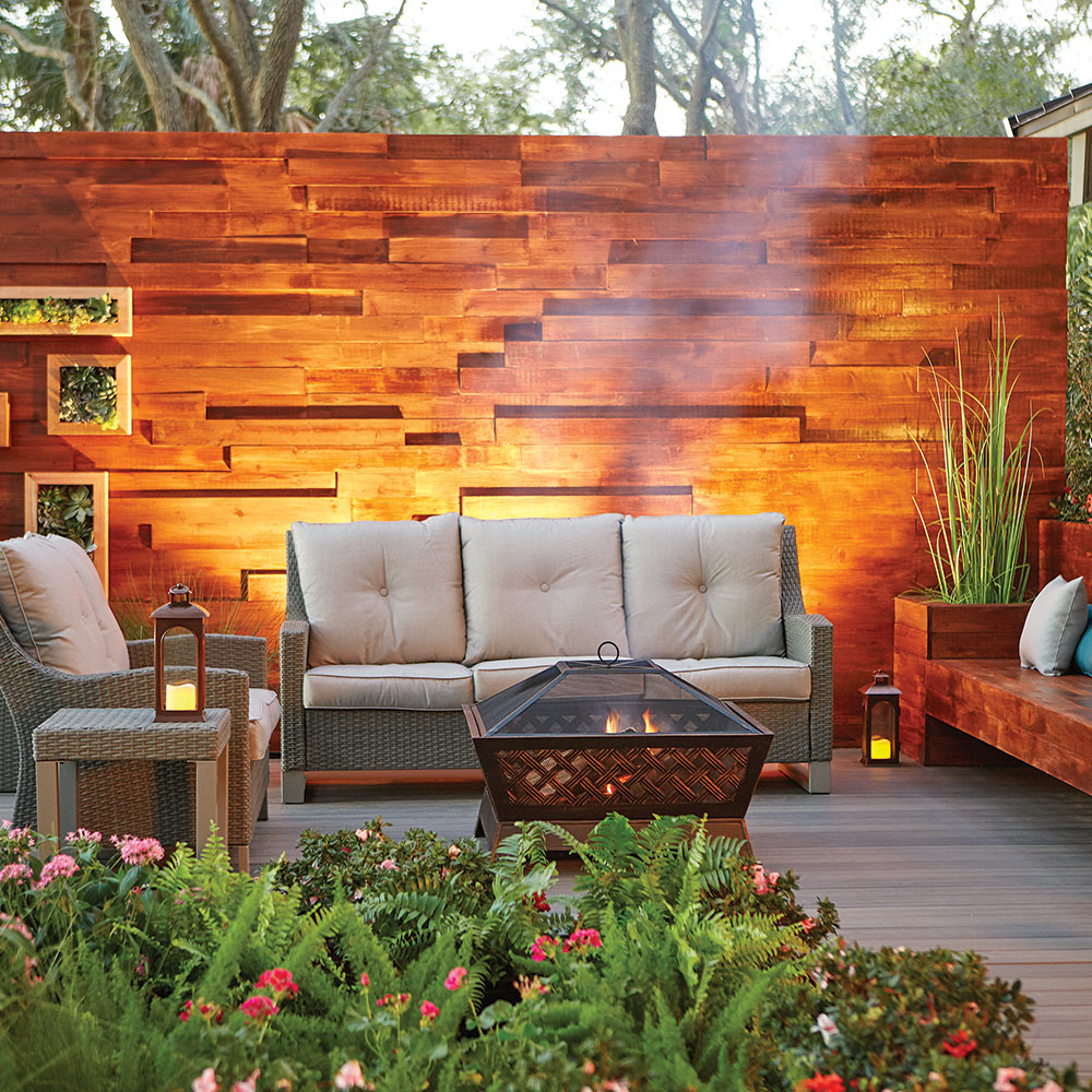 A privacy wall in a backyard